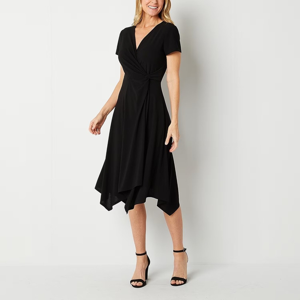 MSRP $69 Perceptions Womens M Black Midi V Neck Short Sleeve Dress